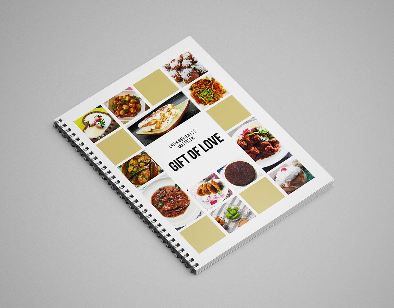 Gift of Love cookbook opened to a recipe spread, with a full-page food photograph facing a clearly structured ingredients list