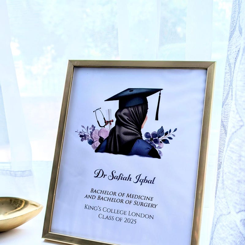 A personalised graduation keepsake frame printed with a name, course and year