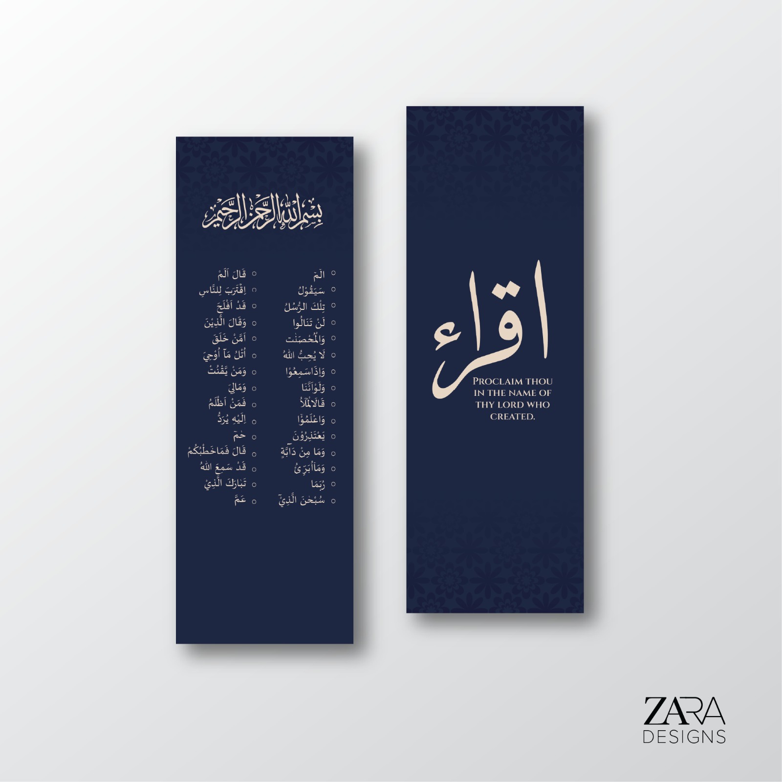 Two navy bookmarks: Iqra in large calligraphy, and the thirty juz of the Quran listed by their opening words
